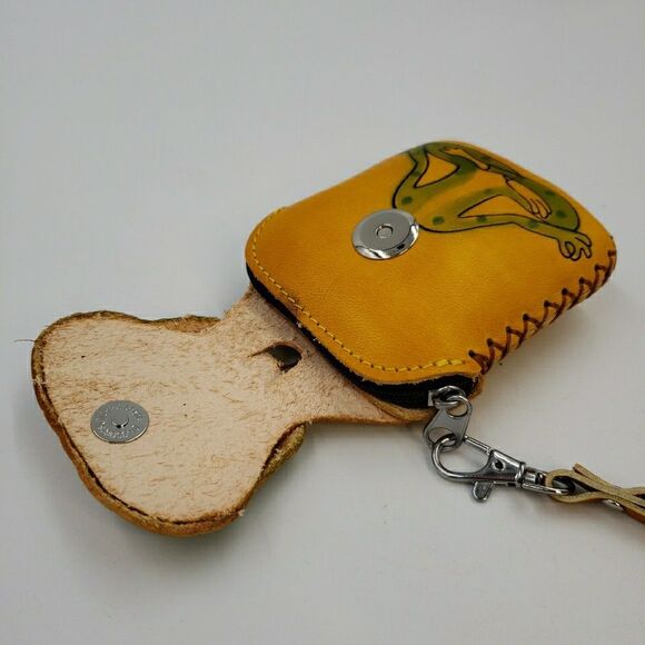 Zen Frog Keychain Wristlet Gift Handmade Leather Wallet Tooled Coin Purse Yoga - Picture 7 of 15
